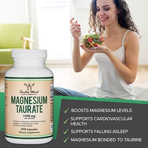 Magnesiumtaurat-Ergänzungsmittel für Schlaf, Beruhigung und Herz-Kreislauf-Unterstützung (1.500 mg pro Portion, 210 vegane Kapseln), hergestellt in den USA von Double Wood Supplements