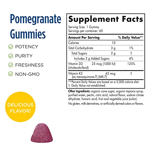 Nordic Naturals Vitamin D3 + K2-Fruchtgummis, Granatapfel – 1000 IE Vitamin D3 + 45 mcg Vitamin K2-60-Fruchtgummis – Großartiger Geschmack – Knochengesundheit, fördert eine gesunde Muskelfunktion – GVO-frei – 60 Portionen