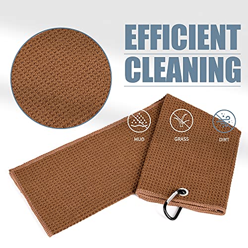 Mile High Life Microfiber Waffle Pattern Tri-fold Golf Towel | Brush Tool Kit with Club Groove Cleaner, Retractable Extension Cord and Clip (Brown Towel+Black Brush)