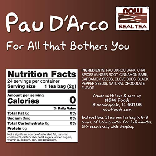 NOW Foods, Pau D'Arco Tea, A Traditional Herbal Experience, Overall Wellness, Premium Unbleached Tea Bags with No-Staples Design, 24-Count