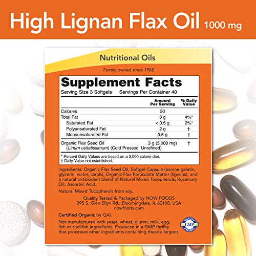 NOW Supplements, Льняное масло 1000 мг, изготовленное из органического льняного масла, с высоким содержанием лигнана, 120 мягких капсул