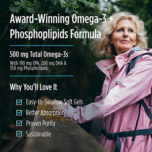 Nordic Naturals Omega-3-Phospholipide, geschmacksneutral – 500 mg Omega-3 und 350 mg Phospholipide – 60 Softgels – Herz- und Gehirngesundheit – Kleine, leicht zu schluckende Softgels – gentechnikfrei – 30 Portionen