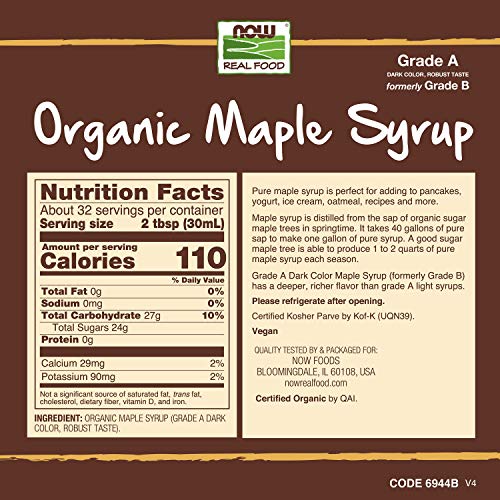 NOW Foods, Certified Organic Maple Syrup, Grade A Dark Color, Certified Non-GMO, Pure, Robust Taste, 32-Ounce