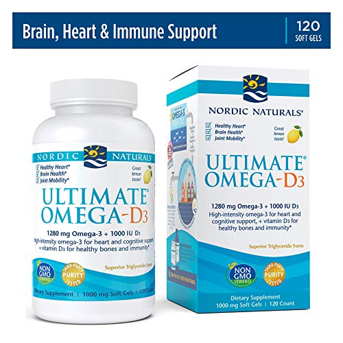 Nordic Naturals Ultimate Omega-D3, Zitronengeschmack – 1280 mg Omega-3 + 1000 IE Vitamin D3-120 Softgels – Omega-3-Fischöl – EPA und DHA – Fördert die Gesundheit von Gehirn, Herz, Gelenken und Immunsystem – 60 Portionen