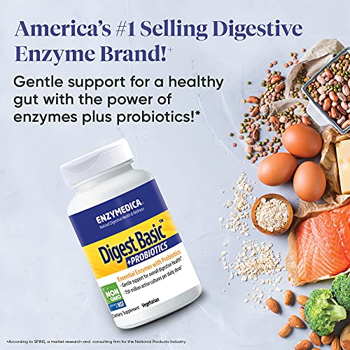 Enzymedica, Digest Basic + Probiotics, Gentle Enzymes for Digestive Health, Breaks Down Carbs, Fats and Proteins with Protease, Amylase and Lipase, 750 Million CFU, Vegetarian, 90 Capsules