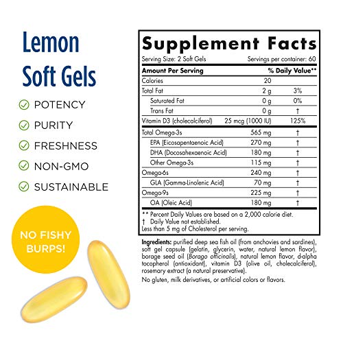 Nordic Naturals Complete Omega-D3 со вкусом лимона - 565 мг омега-3 + 70 мг GLA + 1000 МЕ витамина D3-120 мягких гелей - ЭПК и ДГК - Здоровая кожа и суставы, познание, позитивное настроение - без ГМО - 60 порций