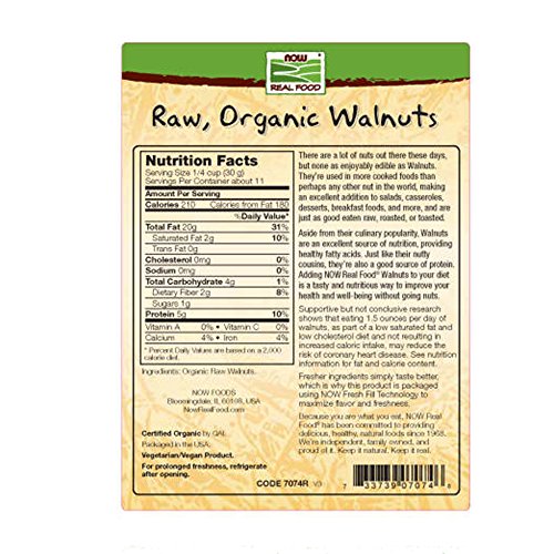 NOW Foods, Certified Organic Walnuts, Raw and Unsalted, Halves and Pieces, Good Source of Protein and Healthy Fatty Acids, Certified Non-GMO, 12-Ounce (Packaging May Vary)