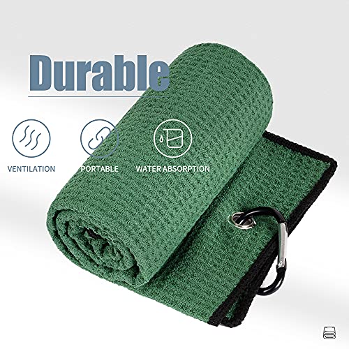 Mile High Life Microfiber Waffle Pattern Tri-fold Golf Towel | Brush Tool Kit with Club Groove Cleaner, Retractable Extension Cord and Clip (Green Towel+Green Brush)