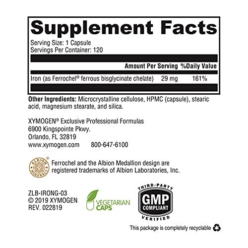XYMOGEN Iron Glycinate - Gentle, Highly Absorbable Iron Supplement for Women + Men - 29mg Patented Iron Bisglycinate Chelate Supports Healthy Ferritin and Hemoglobin Levels (120 Iron Capsules)