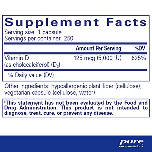 Pure Encapsulations Vitamin D3 125 mcg (5,000 IU) | Supplement to Support Bone, Joint, Breast, Prostate, Heart, Colon and Immune Health* | 250 Capsules