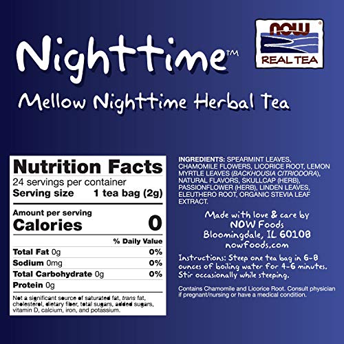 NOW Foods, Nighttime™ Tea, Mellow Nighttime Herbal Tea, Soothing, Relaxing Brew Before Bedtime, Premium Unbleached Tea Bags with No-Staples Design, 24-Count