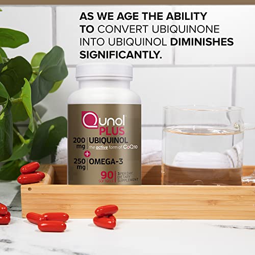 Ubiquinol + Omega 3, Qunol Plus Ubiquinol CoQ10 200mg with 250mg Omega-3 Fish Oil(Bovine Version), 90 Count