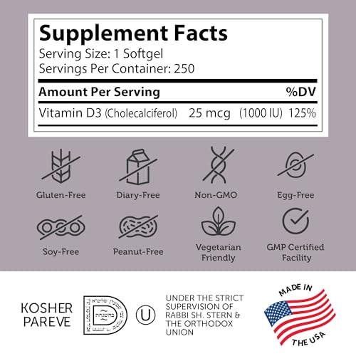 Zahler - Advanced Vitamin D3 1000 IU Softgels (250 Count) Kosher Vegetarian Friendly Vitamin D for Immune Support, Bone, Teeth & Muscle Health - Daily D3 Vitamin Supplement for Adults - Easy Swallow V