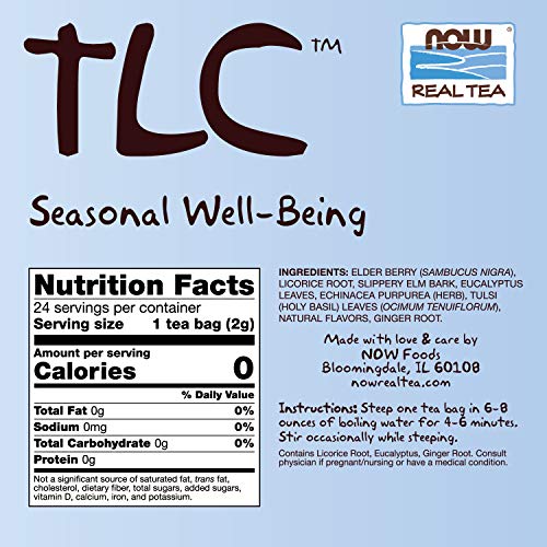 NOW Foods, TLC™ Tea, Seasonal Well-Being, Soothing Bouquet of Herbal Essences, Caffeine-Free, Premium Unbleached Tea Bags with our no-staples design, 24-Count