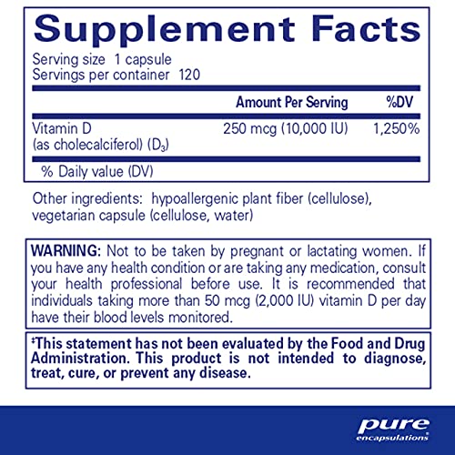 Pure Encapsulations Vitamin D3 250 mcg (10,000 IU) | Supplement to Support Bone, Joint, Breast, Prostate, Heart, Colon and Immune Health* | 120 Capsules