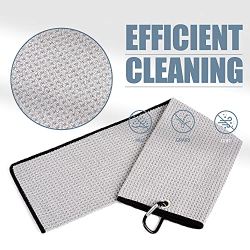 Mile High Life Microfiber Waffle Pattern Tri-fold Golf Towel | Brush Tool Kit with Club Groove Cleaner, Retractable Extension Cord and Clip (Gray Towel+Black Brush)