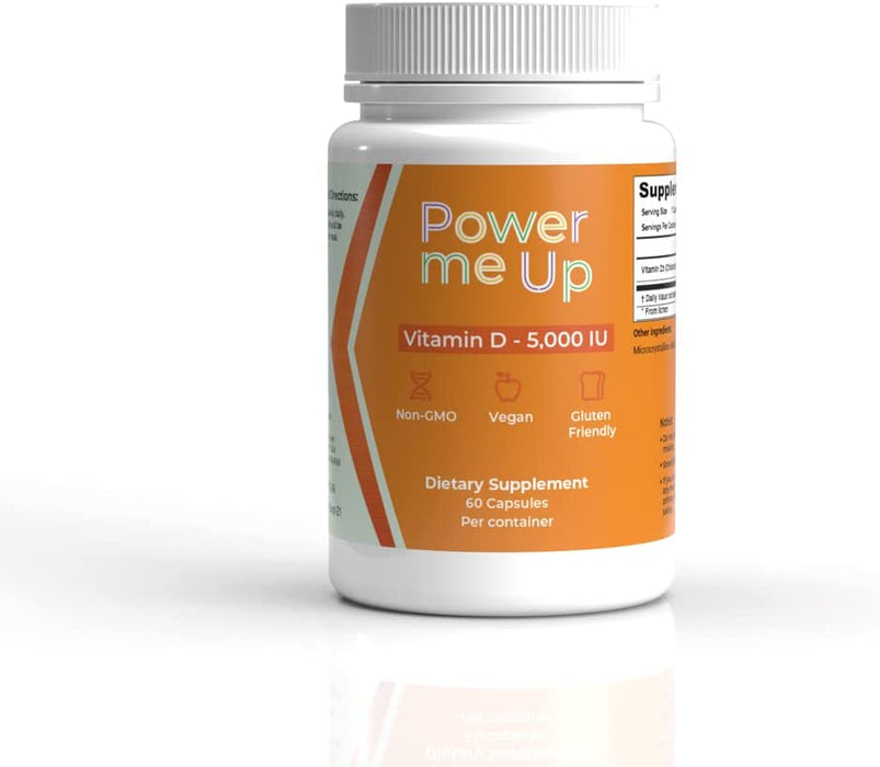 Vegan, Plant Based Power Me Up Vitamin D3 5,000 IU from Lichen 60 Capsules Gluten-Free, Non-GMO, Nut-Free, Egg-Free and Oil-Free