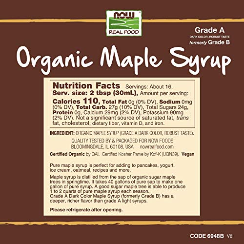 NOW Foods, Certified Organic Maple Syrup, Grade A Dark Color, Certified Non-GMO, Pure, Robust Taste, 16-Ounce