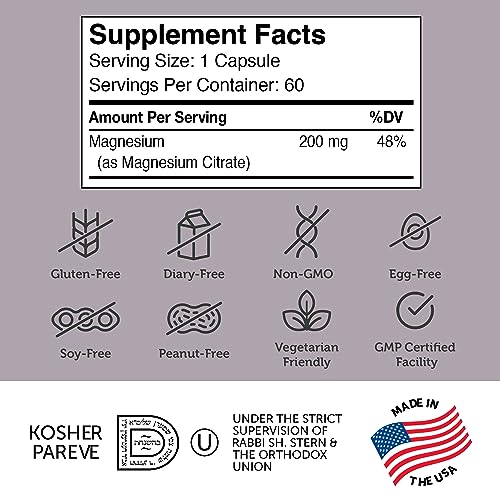 Zahler - Magnesium Supplement Capsules 200 mg (60 Count) Certified Kosher Bioactive Magnesium Citrate for Max Absorption - Natural Magnesium Mineral for Men & Women - Best Magnesium Supplements