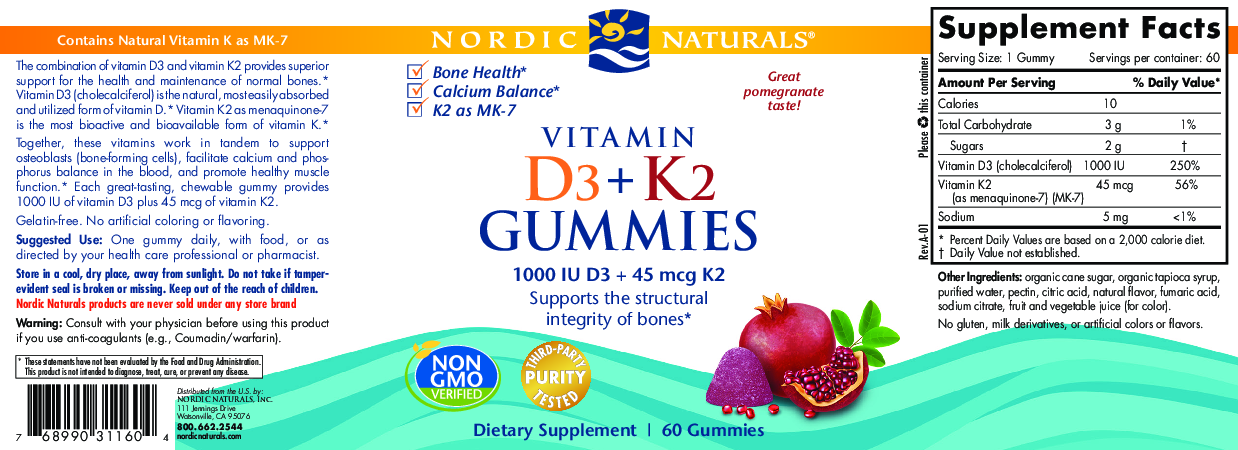 Nordic Naturals Vitamin D3 + K2 60 gummies