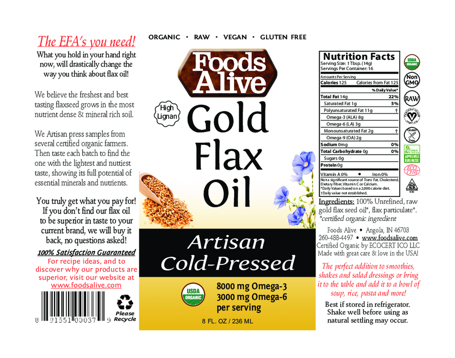 Foods Alive Gold Flax Seed Oil Organic 8 fl oz