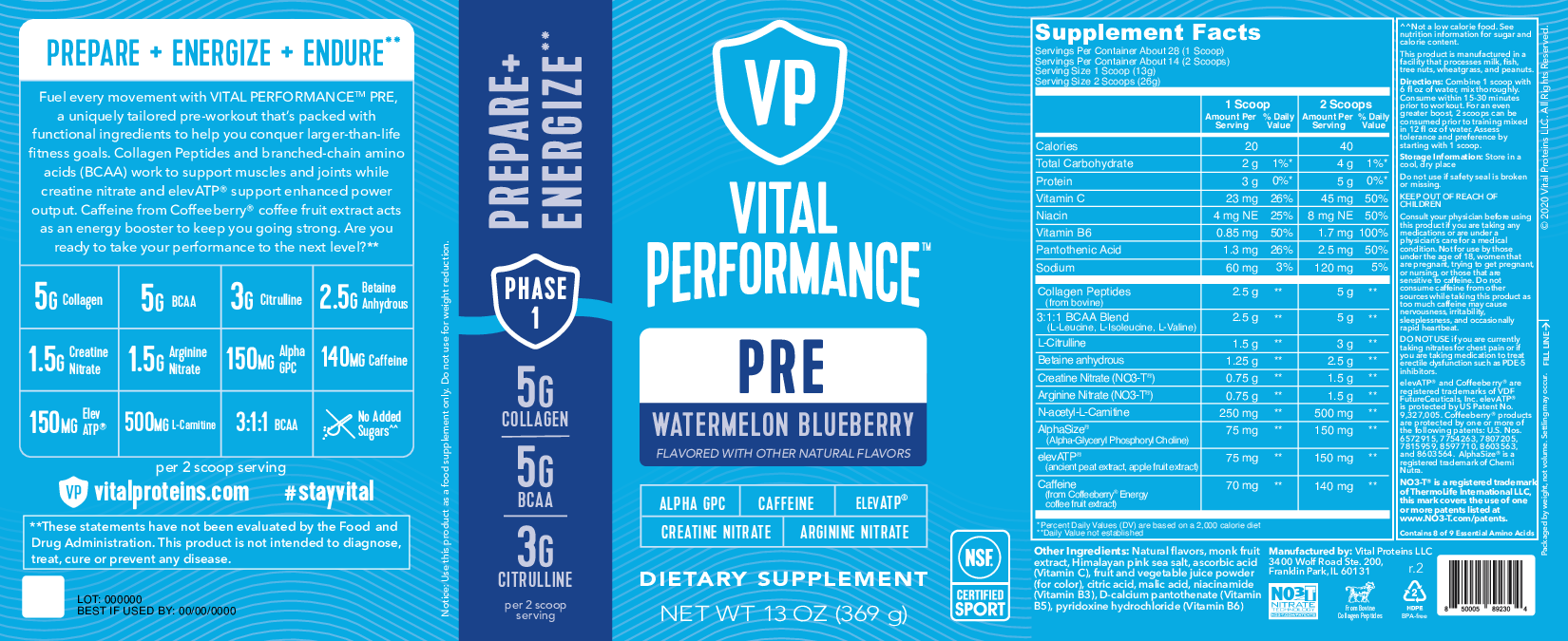 Vital Proteins Pre Watermelon Bluberry 28 serv
