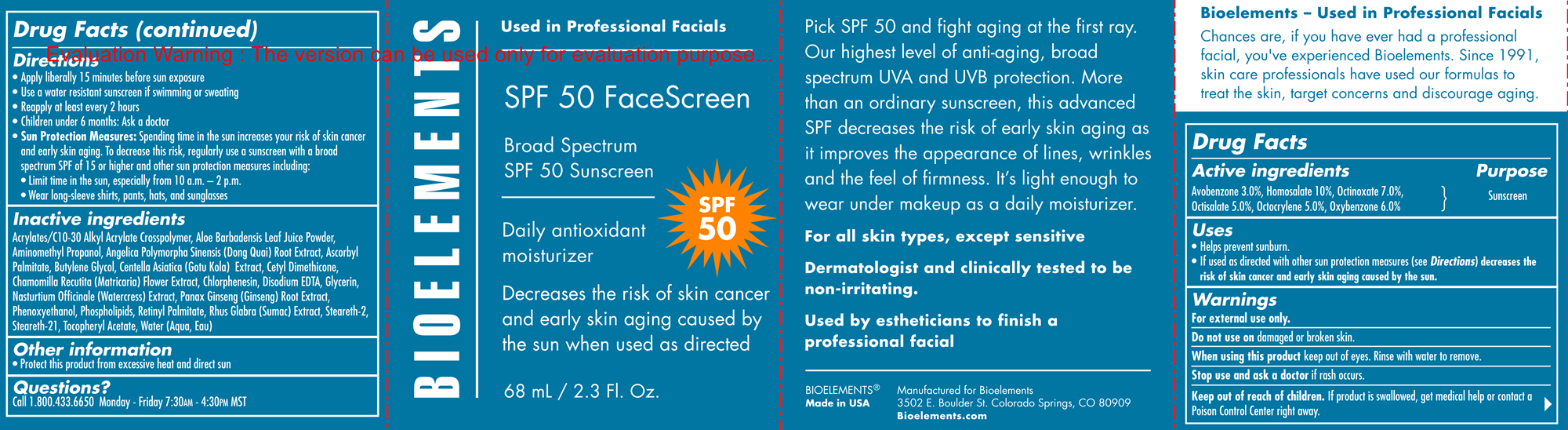Bioelements INC SPF50 FaceScreen 2.3 fl oz.