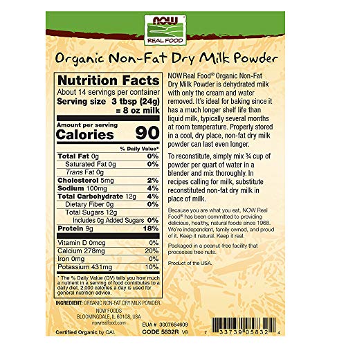 NOW Natural Foods, Organic Non-Fat Dry Milk Powder with Protein and Calcium, Product of the USA, 12-Ounce (Packaging May Vary) (Pack of 2)