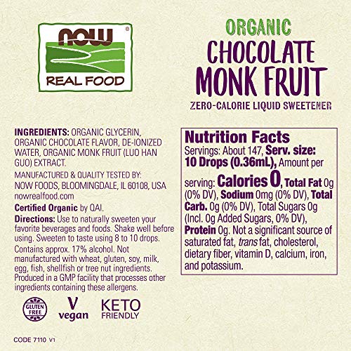 NOW Foods, Organic Liquid Monk Fruit, Chocolate, Zero-Calorie Sweetener, 1.8-Ounce