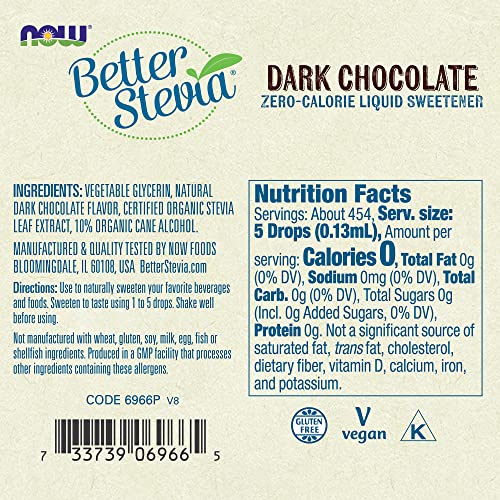 NOW Foods, Better Stevia Liquid, Dark Chocolate, Zero-Calorie Liquid Sweetener, Low Glycemic Impact, Certified Non-GMO, 2-Ounce