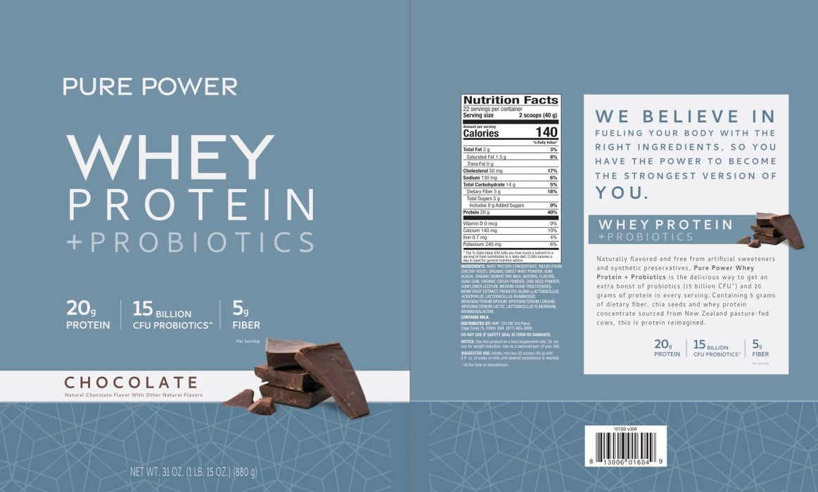 Dr. Mercola Pure Power Protein Powder + Probiotics Chocolate, 31oz (880g) 22 Servings
