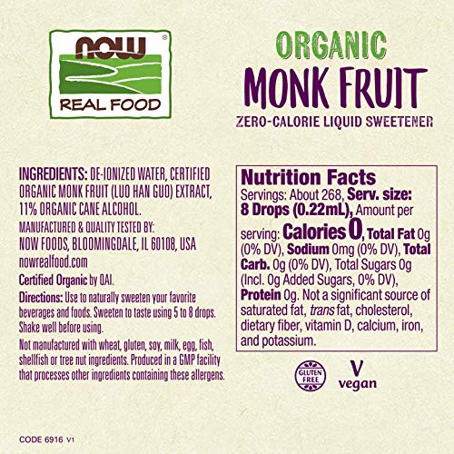 NOW Foods, Certified Organic Monk Fruit Liquid, Zero-Calorie Liquid Sweetener, Non-GMO, Low Glycemic Impact, 2-Ounce