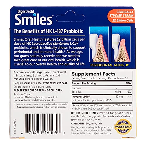 Enzymedica, Digest Gold Smiles, Probiotic Oral Health Support, 30 Quick melt Mints