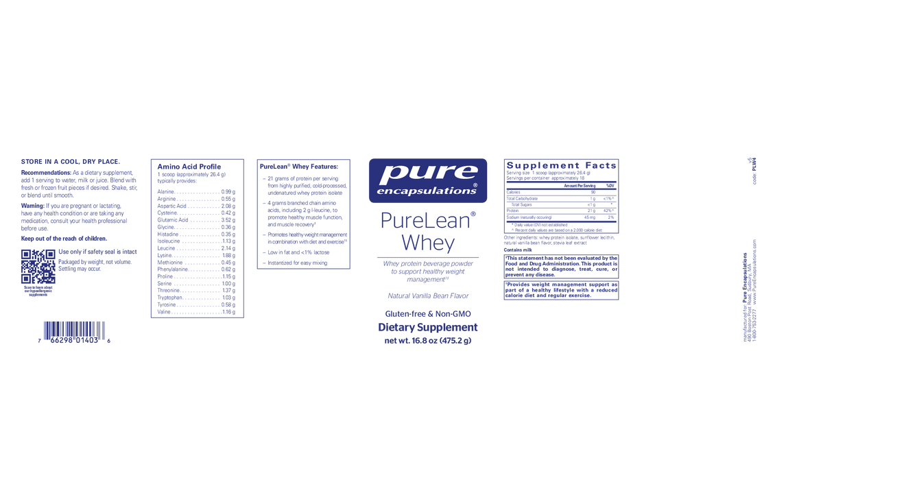 Pure Encapsulations PureLean Whey Vanilla Powder 16.8 oz