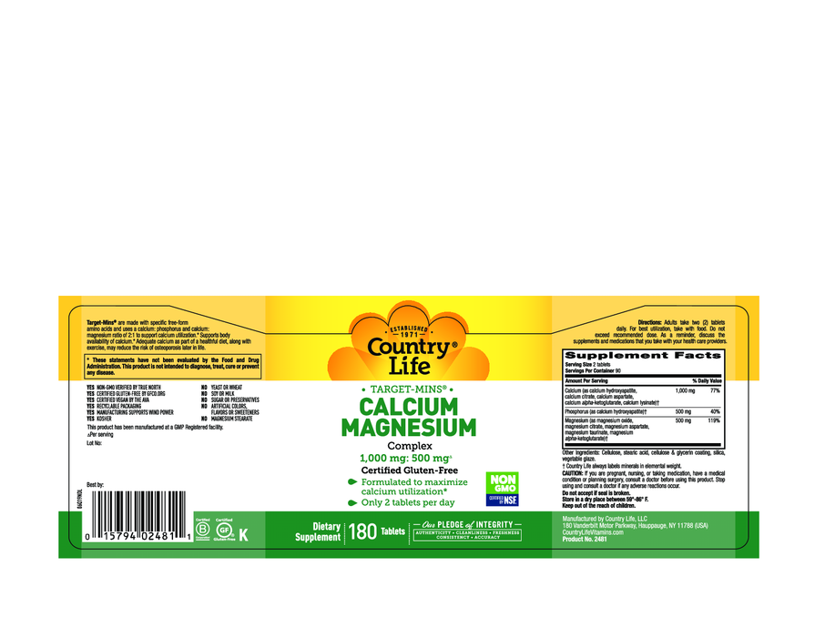 Country Life Calcium Magnesium Complx 180 tabs