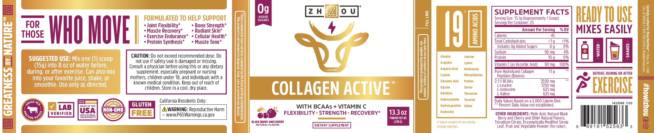 ZHOU Nutrition Collagen Active Black Berry 13.3 oz