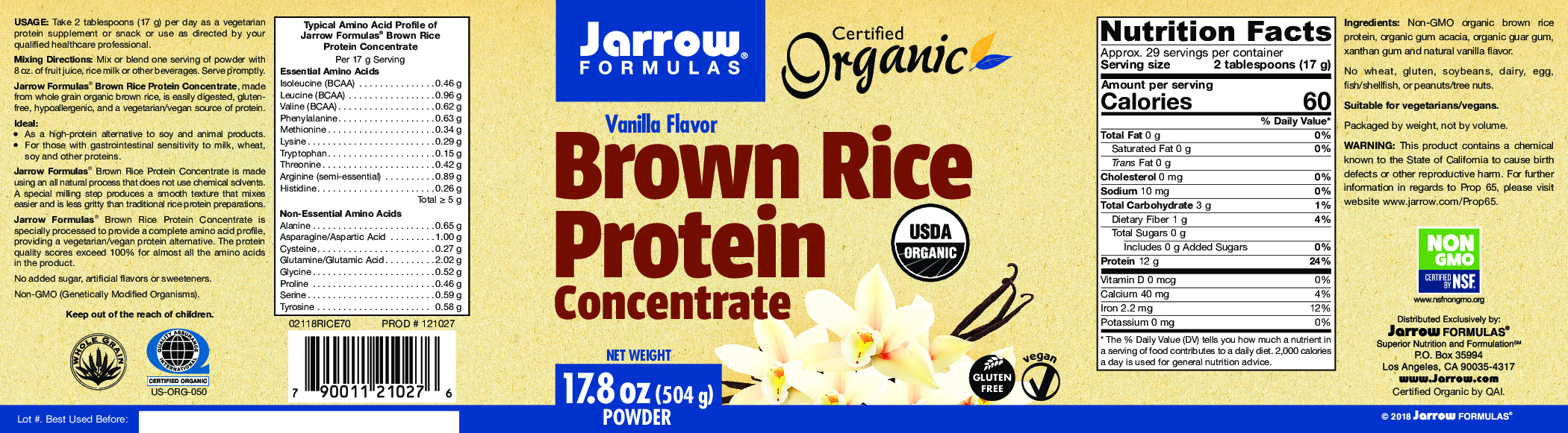 Jarrow Formulas Brown Rice Protein Conc. Vanilla 17.8 oz