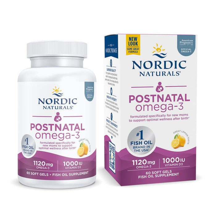 Nordic Naturals Postnatal Omega-3, Lemon - 1120 Total Omega-3 + 1000 IU Vitamin D3-60 Soft Gels - Formulated for New Moms; Supports Optimal Wellness, Positive Mood, Healthy Metabolism - 30 Servings