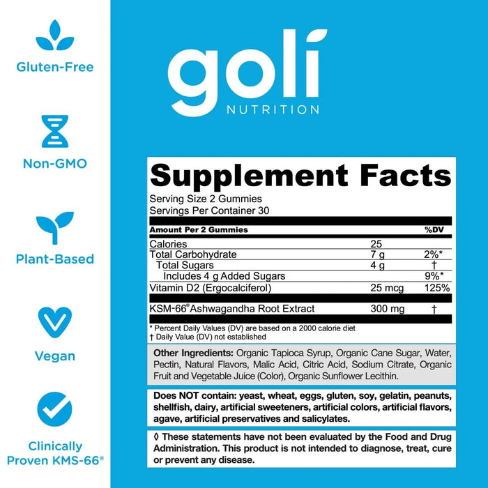 ASHWA Vitamin Gummy by Goli Nutrition - Ashwagandha and Vitamin D Gummies - Relax. Restore. Unwind. (Mixed Berry, KSM-66, Vegan, Plant Based, Non-GMO, Gluten-Free & Gelatin Free)