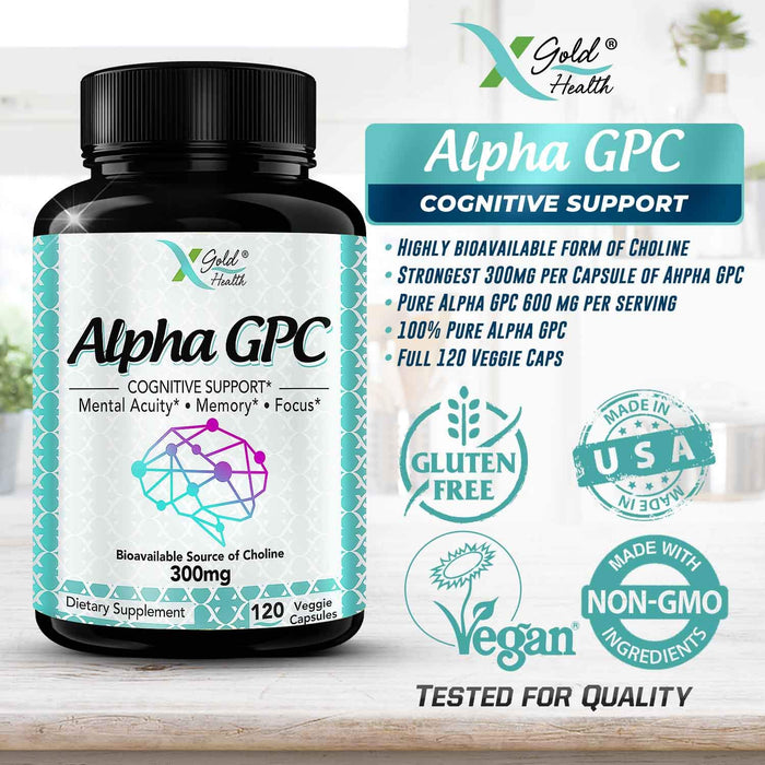 Alpha GPC Cholin-Ergänzung 600 mg, 99 %+ hochreine, hoch bioverfügbare Cholinquelle, 120 vegetarische Kapseln, kognitiver Verstärker, Nootropikum, unterstützt Gedächtnis und Gehirnfunktion, steigert Konzentration und Stimmung