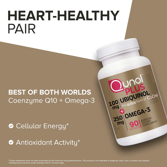 Qunol Plus Ubiquinol CoQ10 100mg, 90 Count with Omega 3 Fish Oil 250mg