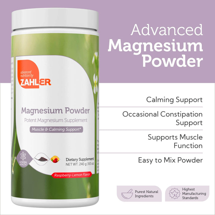 Zahler Magnesium Supplement Powder - Calm Magnesium Powder Mix for Water & Liquid Beverages - Potent Magnesium Citrate with Best Tasting Raspberry Lemon Flavor - Kosher Magnesium Drink Powder 8.5 Oz