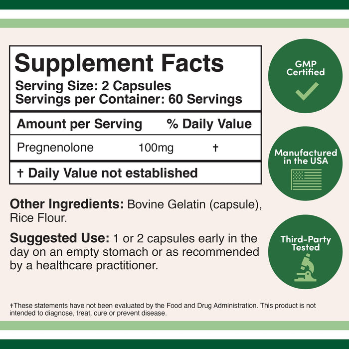 Double Wood Supplements Pregnenolone 100mg per Serving 120 Capsules (50mg per Capsule)