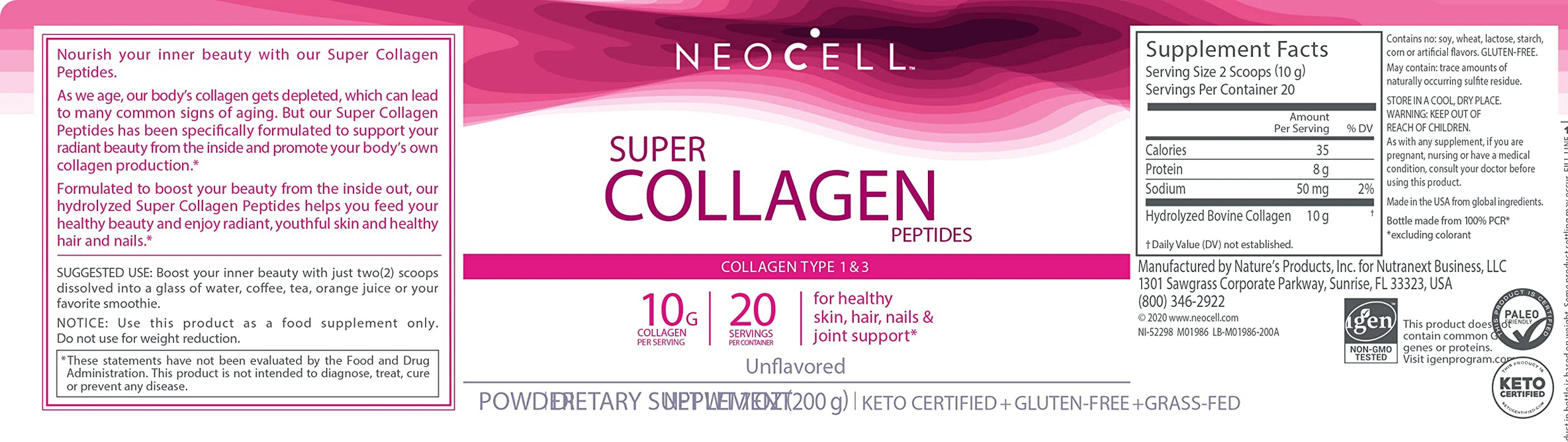 NeoCell Super Collagen Powder Unflavored 7 Oz 10g Collagen Peptides per Serving