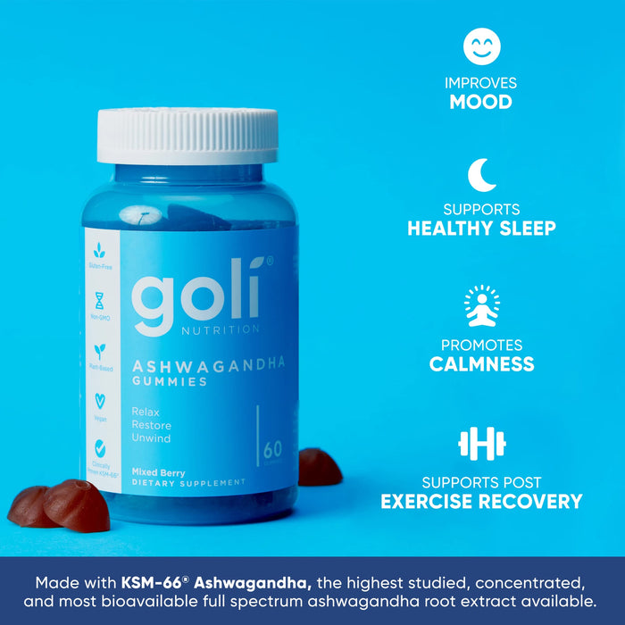 ASHWA Vitamin Gummy by Goli Nutrition - Ashwagandha and Vitamin D Gummies - Relax. Restore. Unwind. (Mixed Berry, KSM-66, Vegan, Plant Based, Non-GMO, Gluten-Free & Gelatin Free)