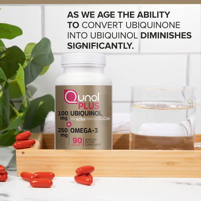 Qunol Plus Ubiquinol CoQ10 100mg, 90 Count with Omega 3 Fish Oil 250mg