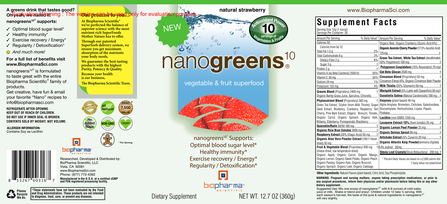 BioPharma Scientific Nanogreens10 Strawberry  12.7 oz