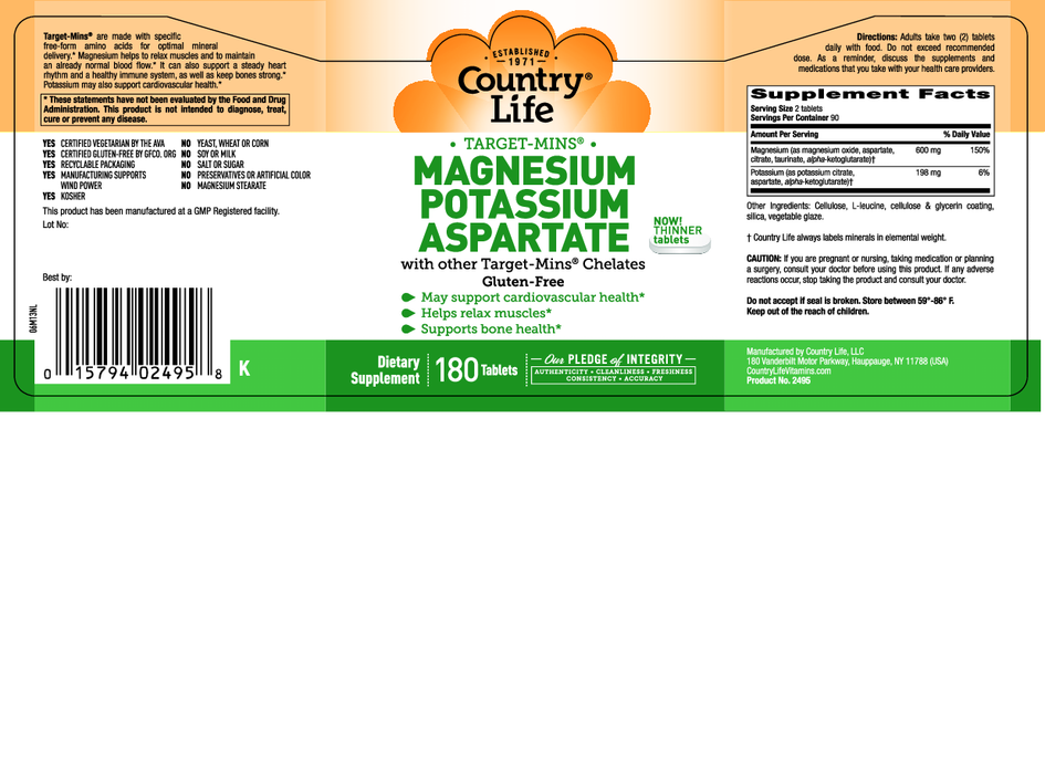 Country Life Magnesium Potassium Aspartate 180 tabs