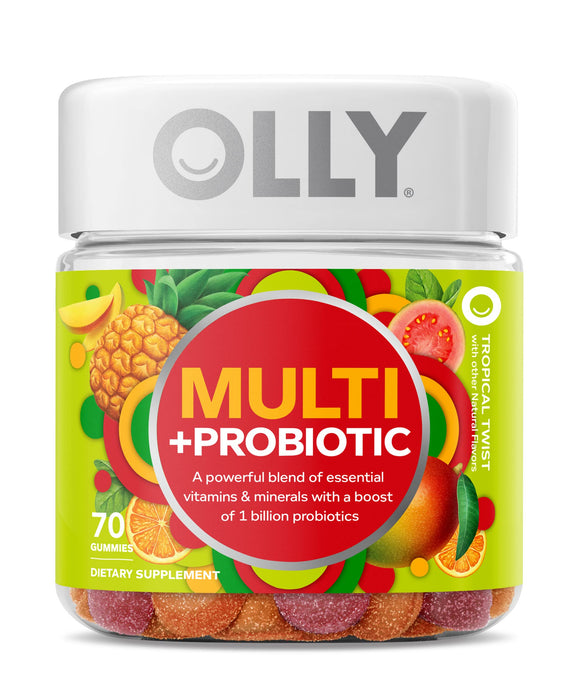 OLLY Multi + Probiotic Adult Multivitamin Gummy, 35 Day Supply (70 Gummies), Tropical Twist, 1 Billion CFUs, Digestive and Immune Support Chewable Supplement