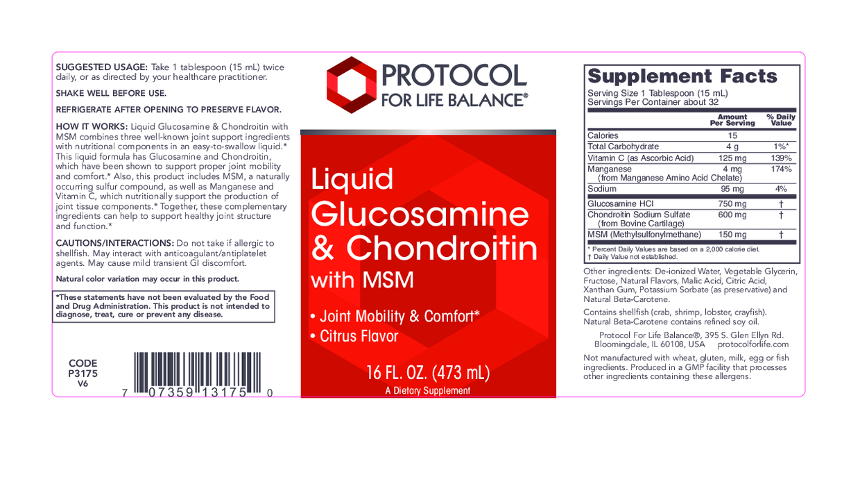 Protocol For Life Balance Glucosamine & Chondroitin with MSM 16 oz